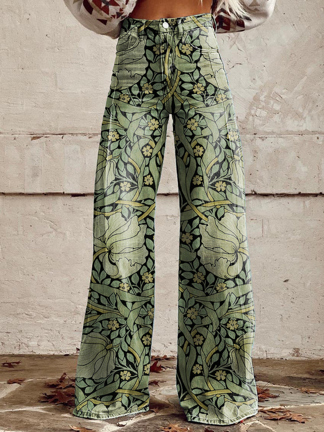 Women's Vintage William Morris Antiqued Pimpernel Printed Casual Wide Leg Pants