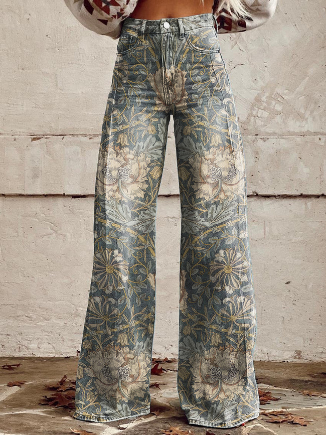 Women's Vintage William Morris Honeysuckle Printed Casual Wide Leg Pants