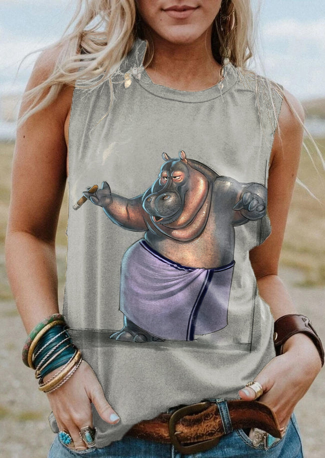 Vintage Retro Hippopotamus Print Tank Top