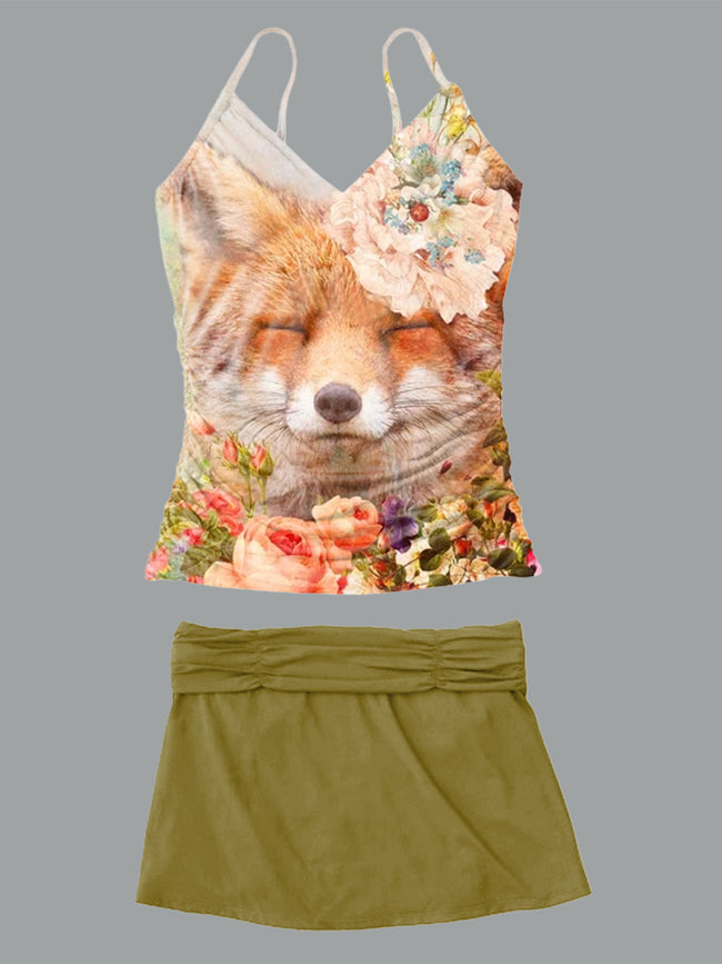 Women’s V-neck Fox Print Suspender Skirt Tankini Set Swimsuit