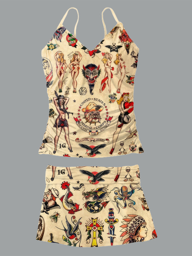 Women’s V-neck Old School Tattoo Print Suspender Skirt Tankini Set Swimsuit