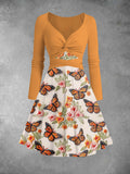 Women's Vintage Butterfly Print Two-Piece Midi Dress