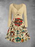 Women's Vintage Old School Tattoo Print Two-Piece Midi Dress