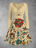 Women's Vintage Old School Tattoo Print Two-Piece Midi Dress