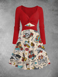 Women's Vintage Old School Tattoo Print Two-Piece Midi Dress