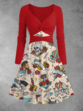 Women's Vintage Old School Tattoo Print Two-Piece Midi Dress