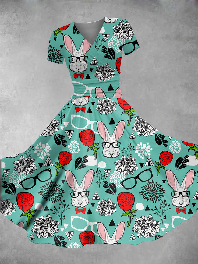 Women's Vintage Rabbit Print Maxi Dress