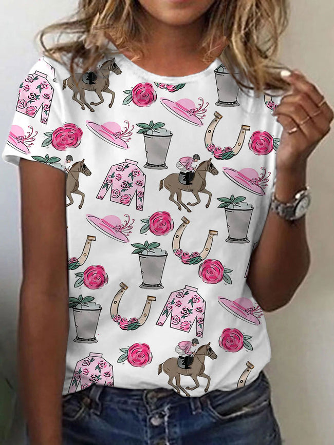 Women's Derby Horse painting print crew neck T-shirt