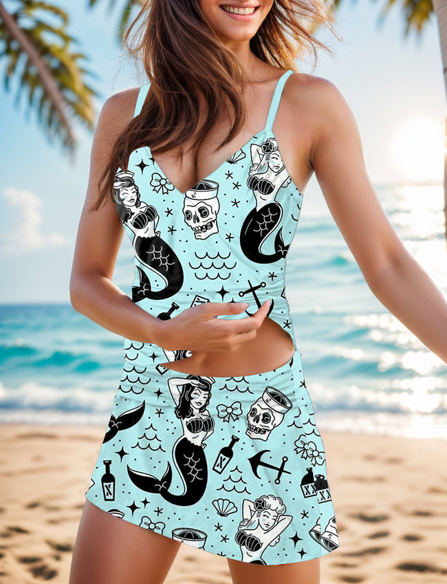 Women’s V-neck Mermaid Print Suspender Skirt Tankini Set Swimsuit