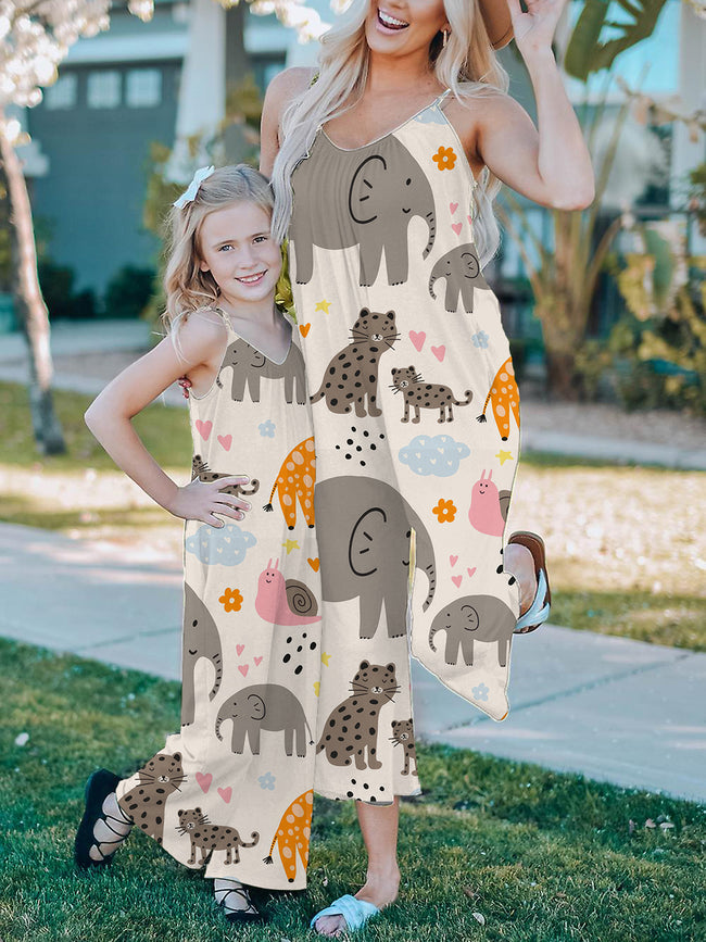 Mommy and Me Baby Elephant Print Wide leg Jumpsuit with Pockets