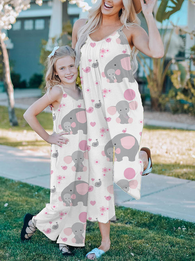 Mommy and Me Baby Elephant Print Wide leg Jumpsuit with Pockets