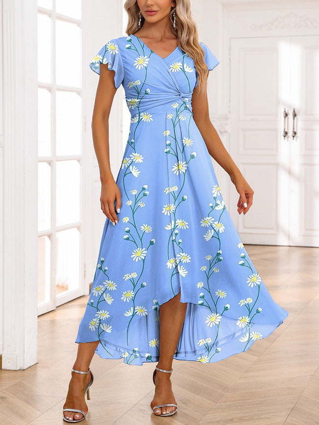 Women's Retro Spring Flower Print Twist High Low Flowy Dress