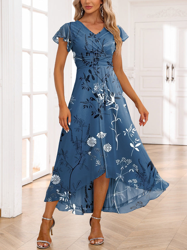 Women's Retro Flower Print Twist High Low Flowy Dress