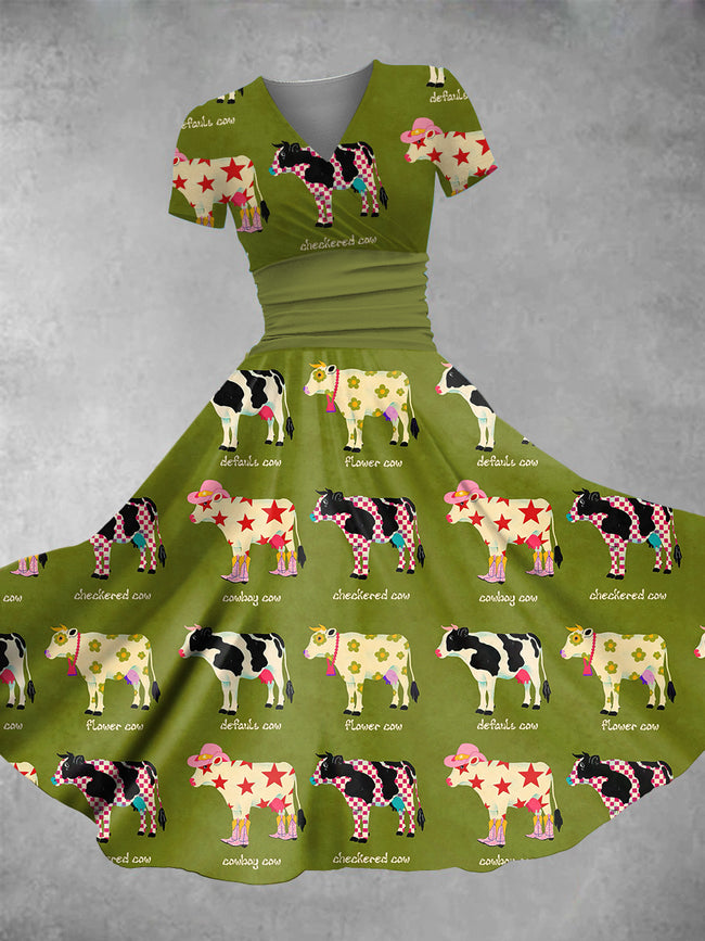 Women's Vintage Bauty Cow Print Maxi Dress