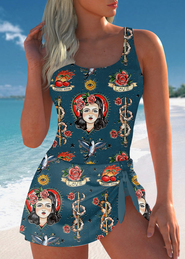 Women’s Tie Retro Pin up Girl and Flower Print One Piece Swimdress