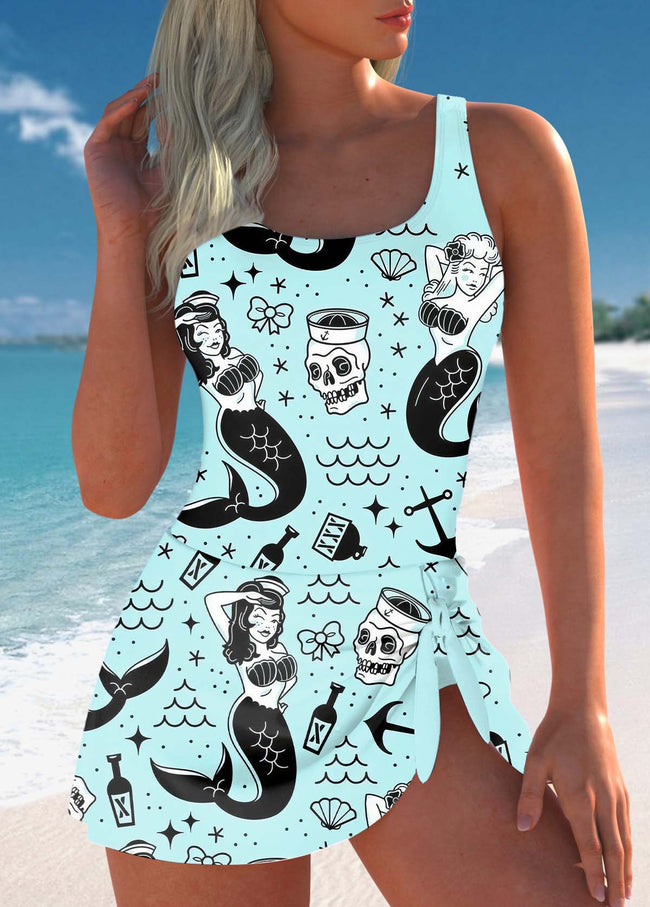 Women’s Tie Retro Mermaid and Skull Print One Piece Swimdress