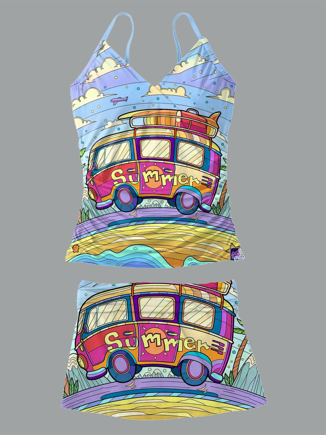 V-Neck Retro Colorful Hippie Camper van Print Suspender Skirt Tankini Pantskirt Set Swimsuit