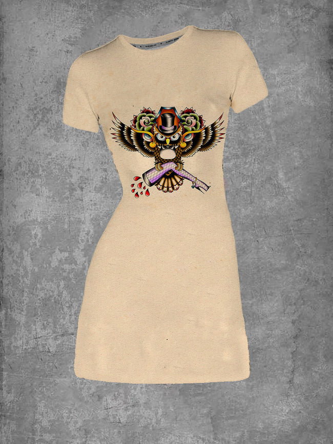 Owl Print Neck T-Shirt Dress