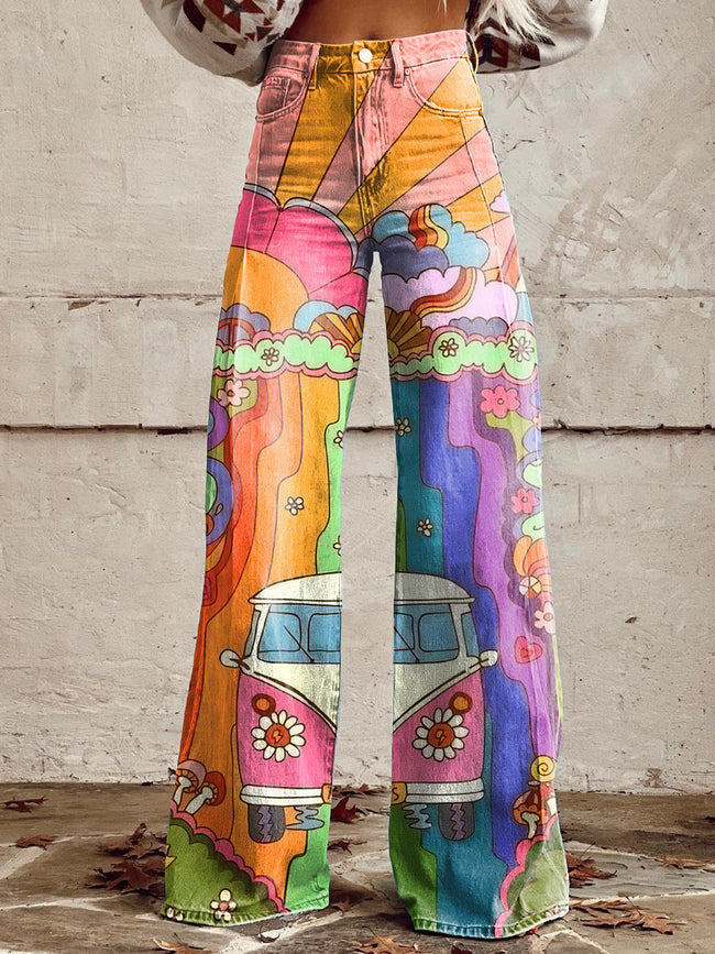 Women's Vintage Hippie Camper van Print Casual Wide Leg Pants