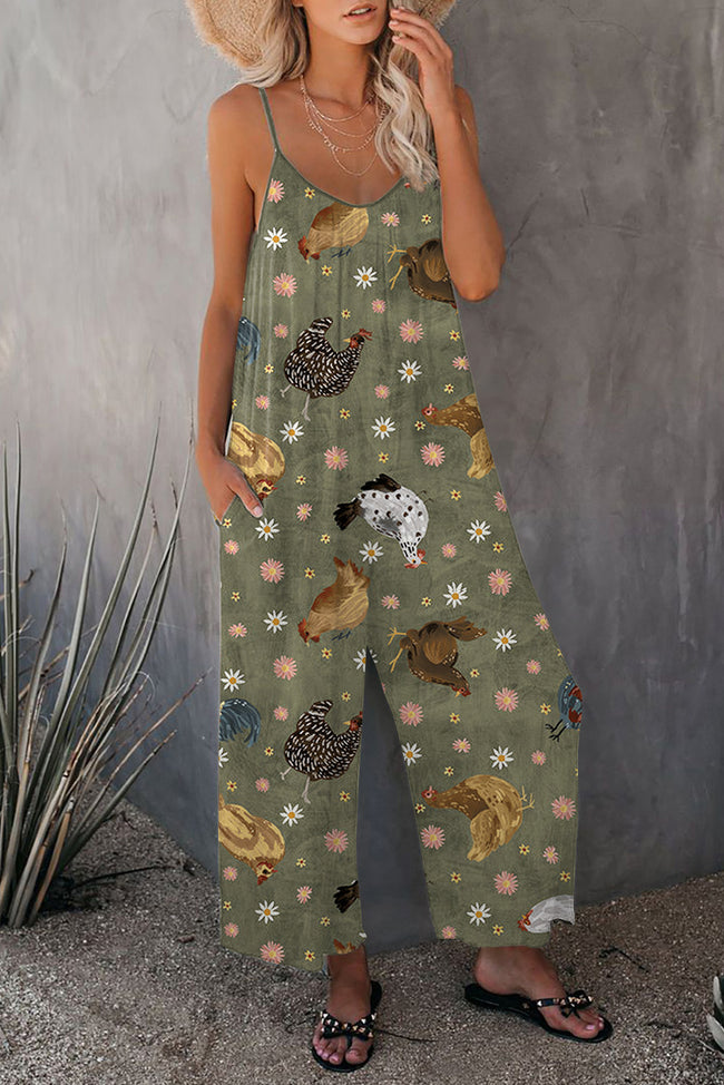 Retro Farm Style Print Wide leg Jumpsuit with Pockets