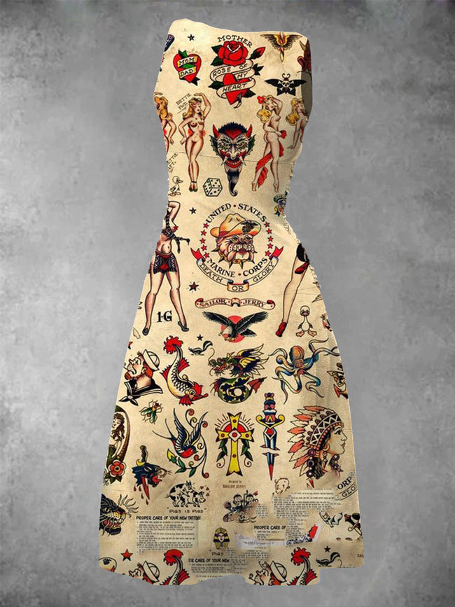 Women's Vintage Sailor Jerry Tattoo Print Maxi Dress