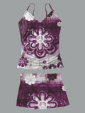 V-Neck Retro Colorful Hippie Print Suspender Skirt Tankini Pantskirt Set Swimsuit