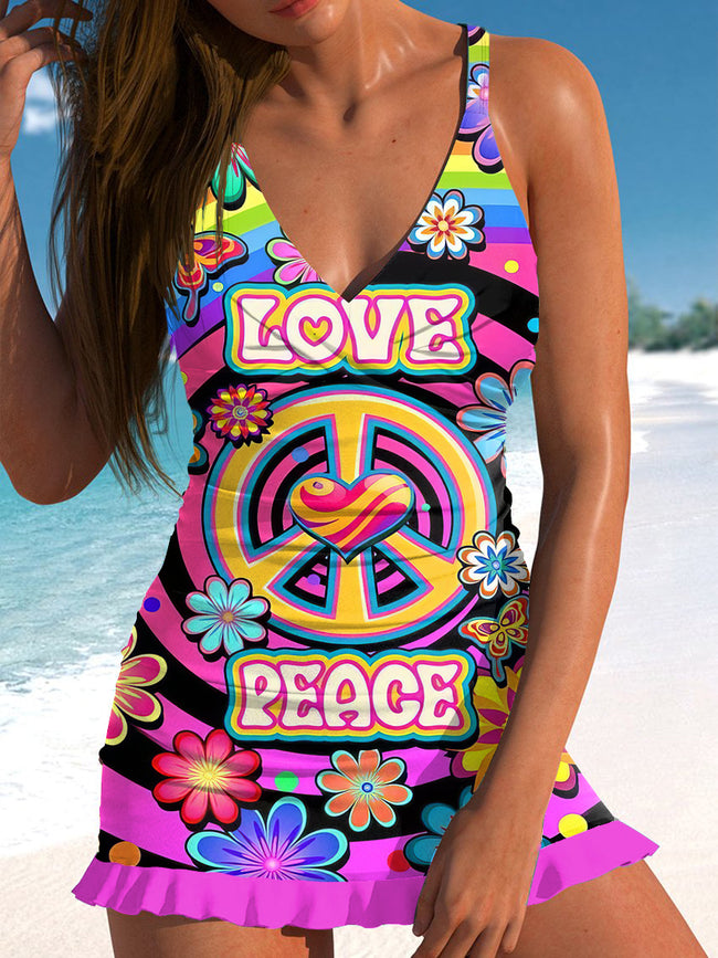 V-Neck Colorful Hippie Peace and Love Print Swimdress And Panty