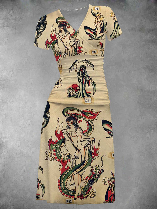 Women's Old School Tattoo Two-Piece Midi Dress Set