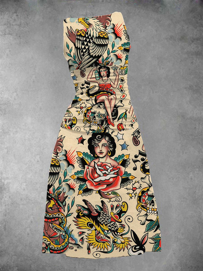 Women's Traditional Tattoo Print Maxi Dress