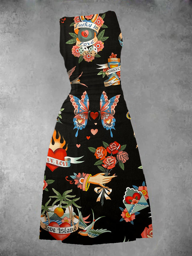 Women's Traditional Tattoo Print Maxi Dress