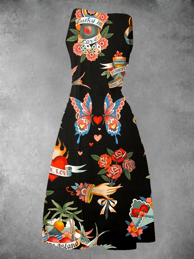Women's Traditional Tattoo Print Maxi Dress
