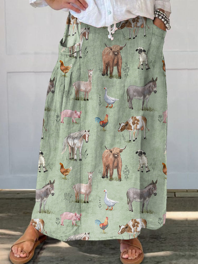 Women's Farm Animals Print Linen Pocket Skirt