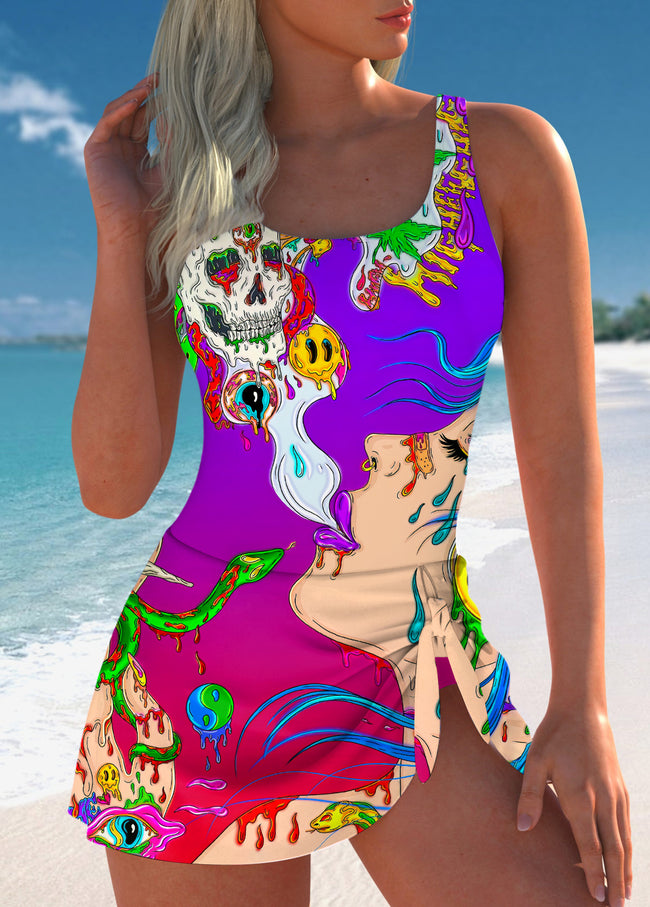Women’s Retro Hippie Girl Print One Piece Swimdress