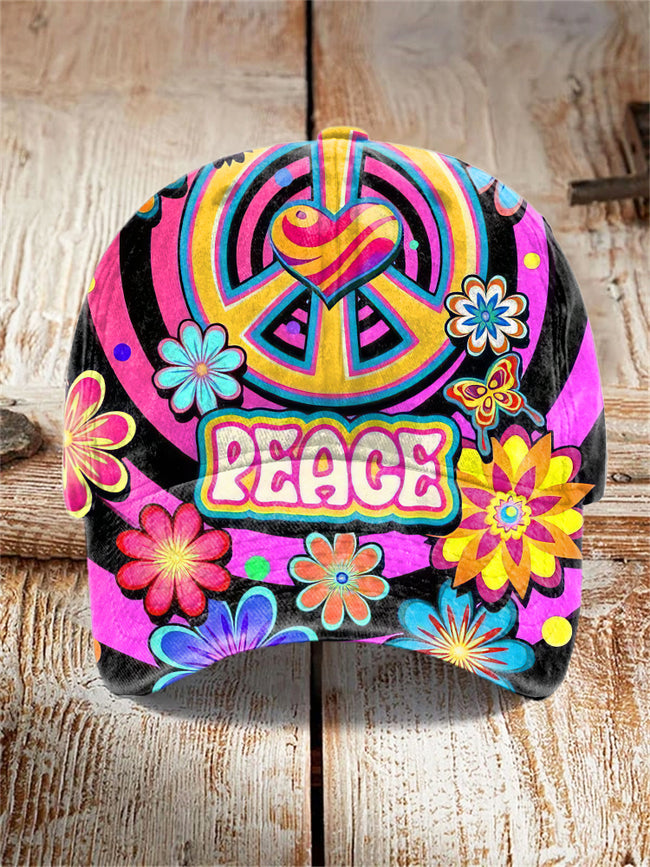 Vintage Hippie Peace and Love Print Hat