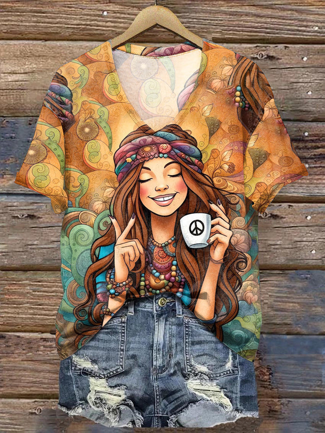 Women's Vintage Hippie Girl V-neck Casual T-Shirt