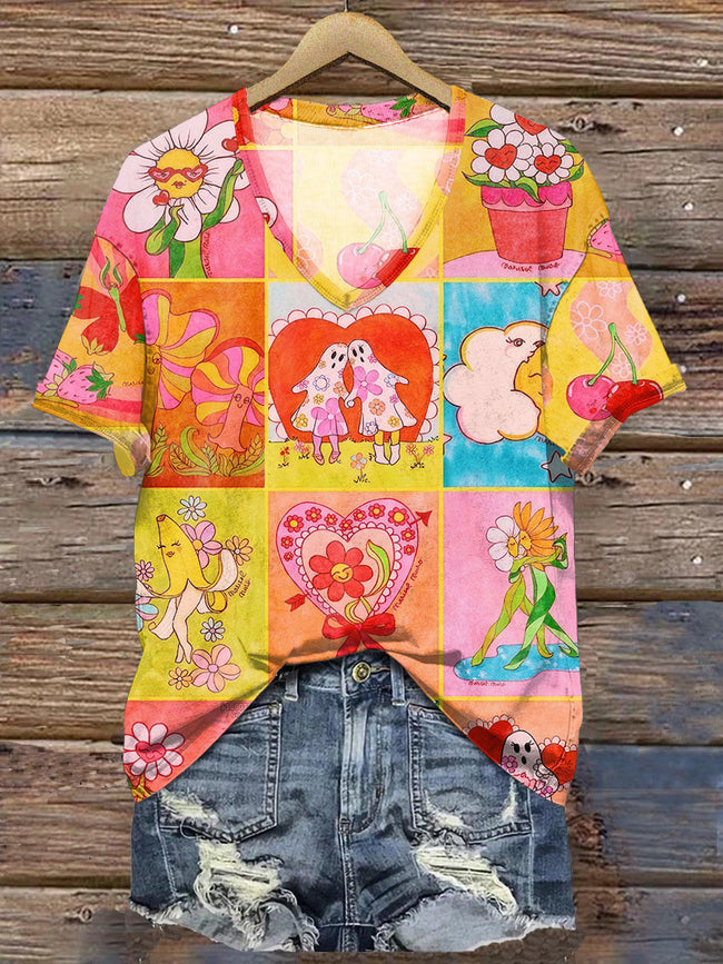 Women's Vintage Hippie Art V-neck Casual T-Shirt