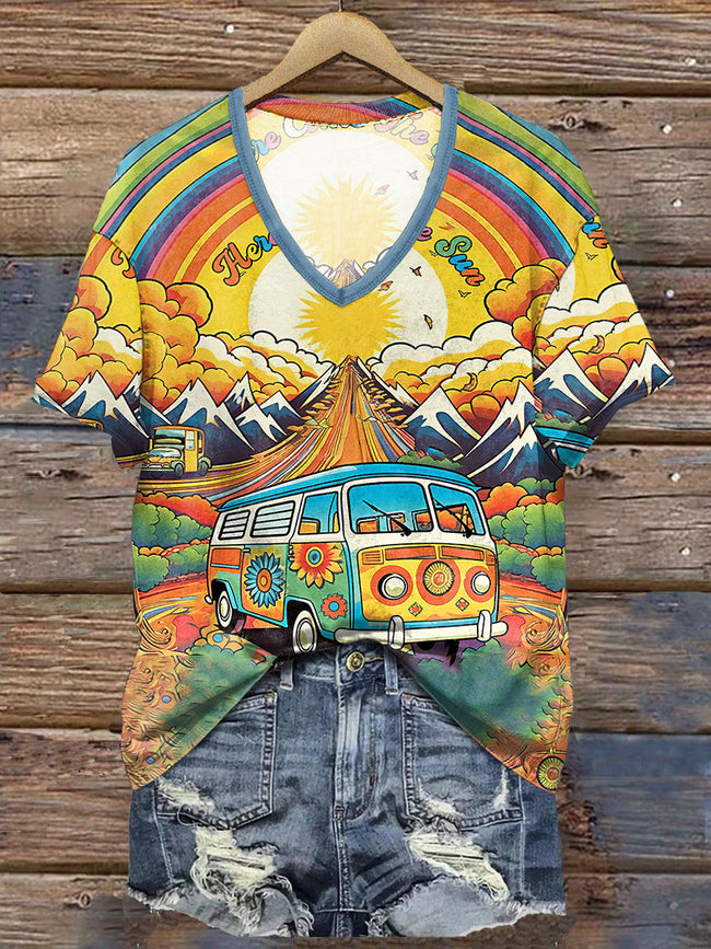 Women's Vintage Hippie Van V-neck Casual T-Shirt