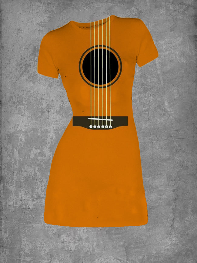 Vintage Music Guitar Print Crew Neck T-Shirt Dress