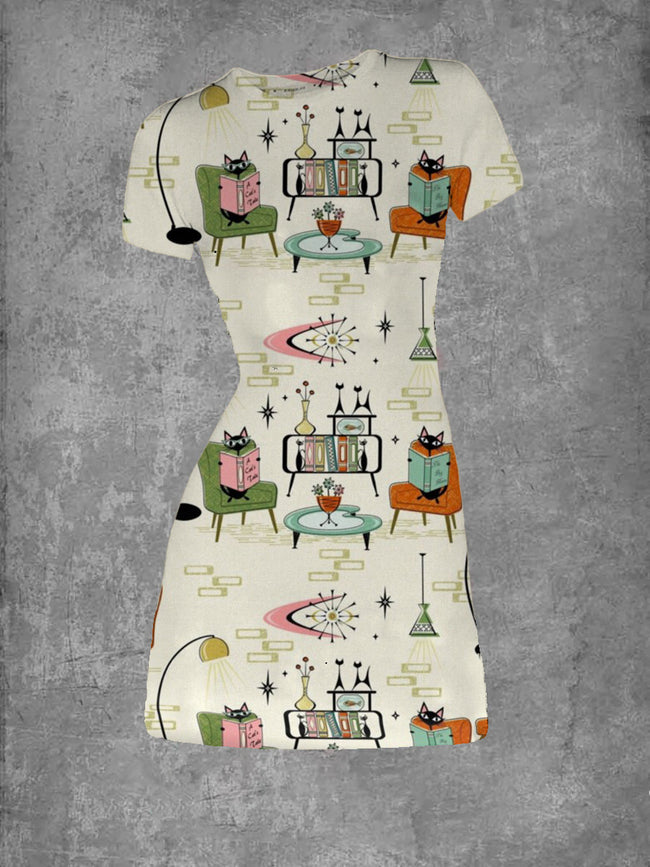 Vintage Reading Cat Print Crew Neck T-Shirt Dress