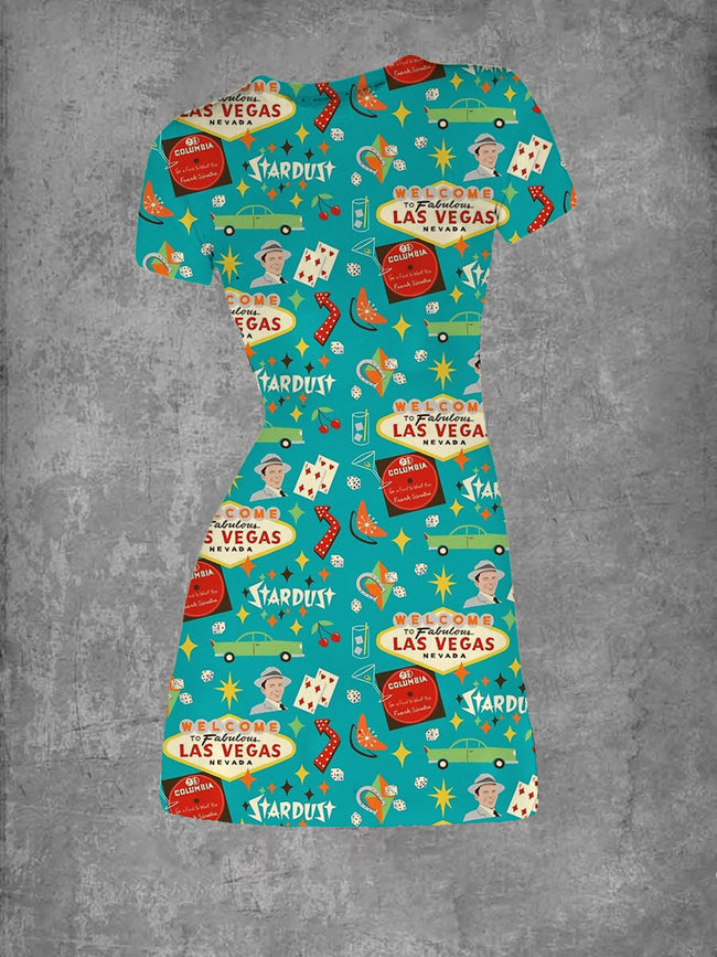 Vintage  Las Vegas Vacation Hawaiian Print Crew Neck T-Shirt Dress