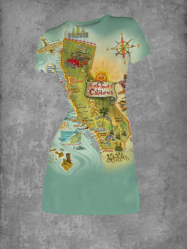 Women's  Map Travel Route Print Crew Neck T-Shirt Dress