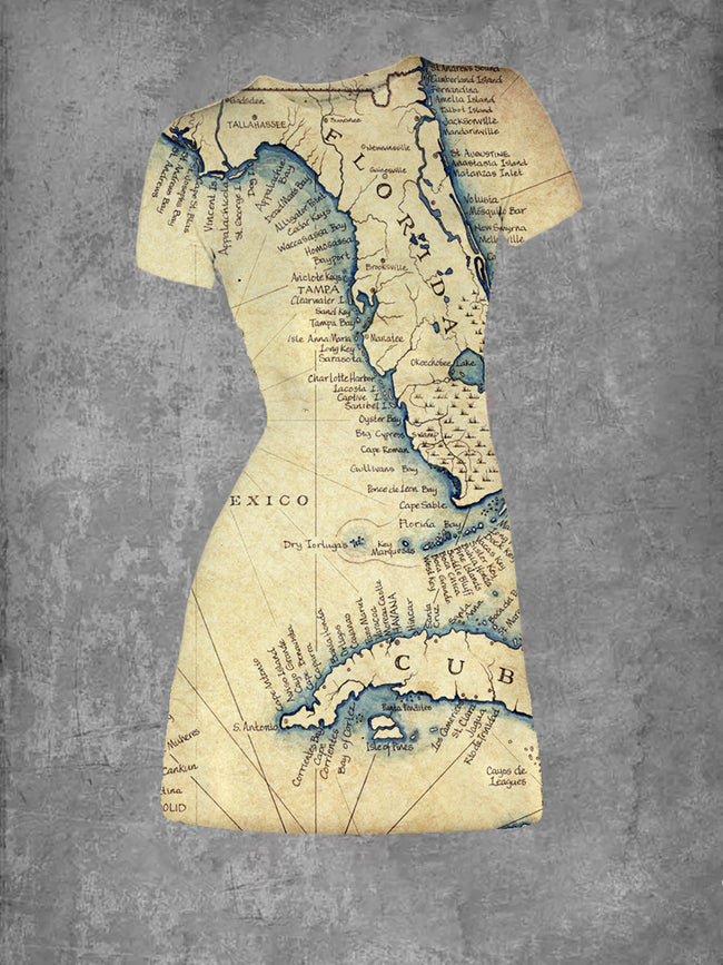 Women's  Florida Map Print Crew Neck T-Shirt Dress