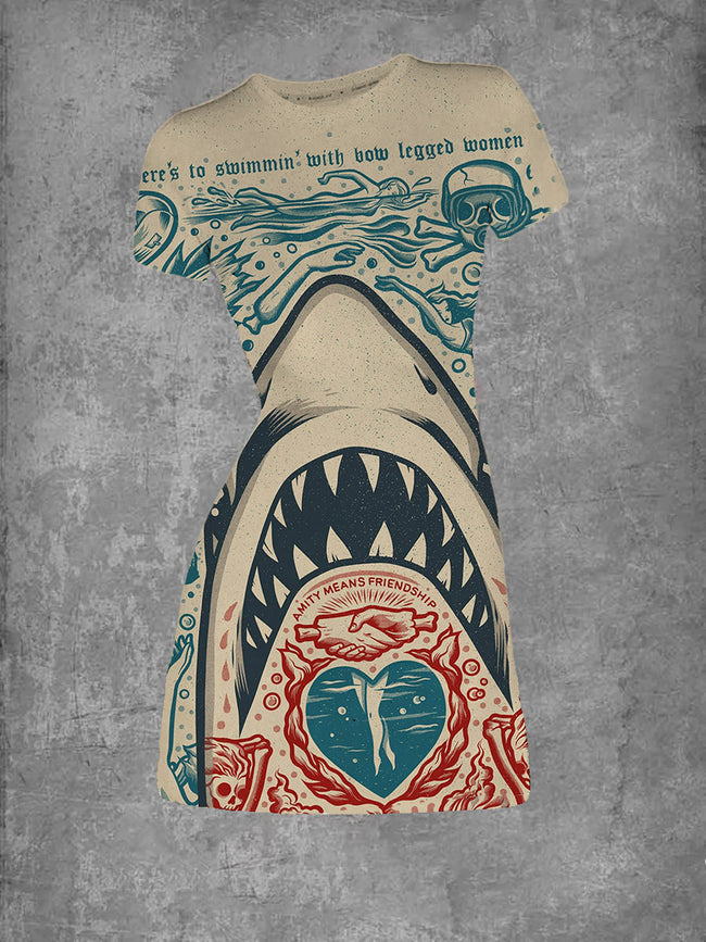 Women's  Shark Tattoo Print Crew Neck T-Shirt Dress