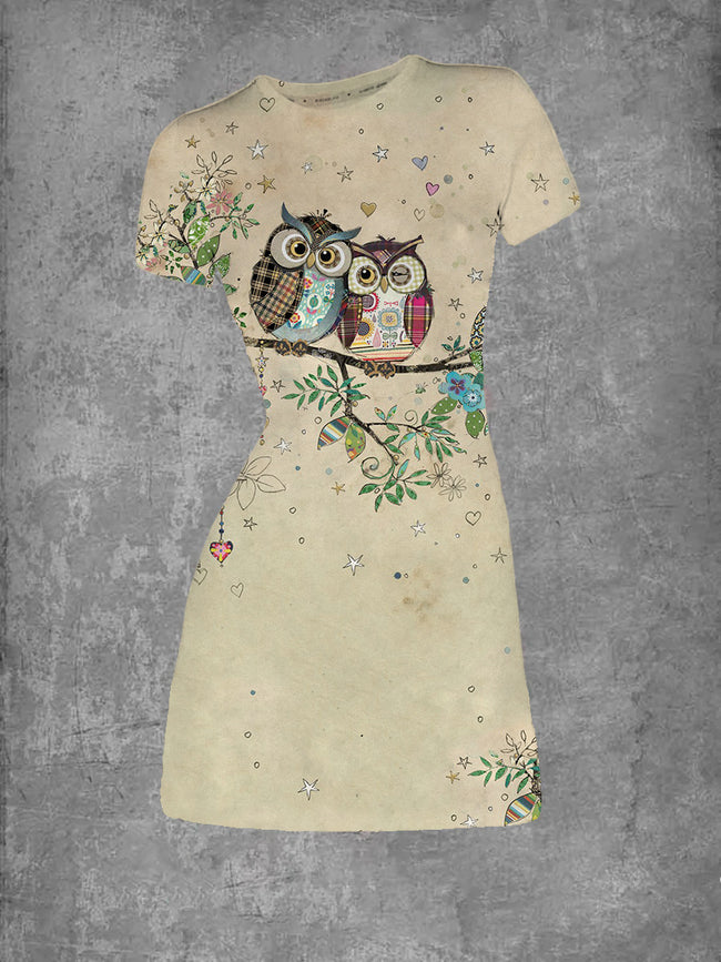 Women's Owl Couple Print Crew Neck T-Shirt Dress
