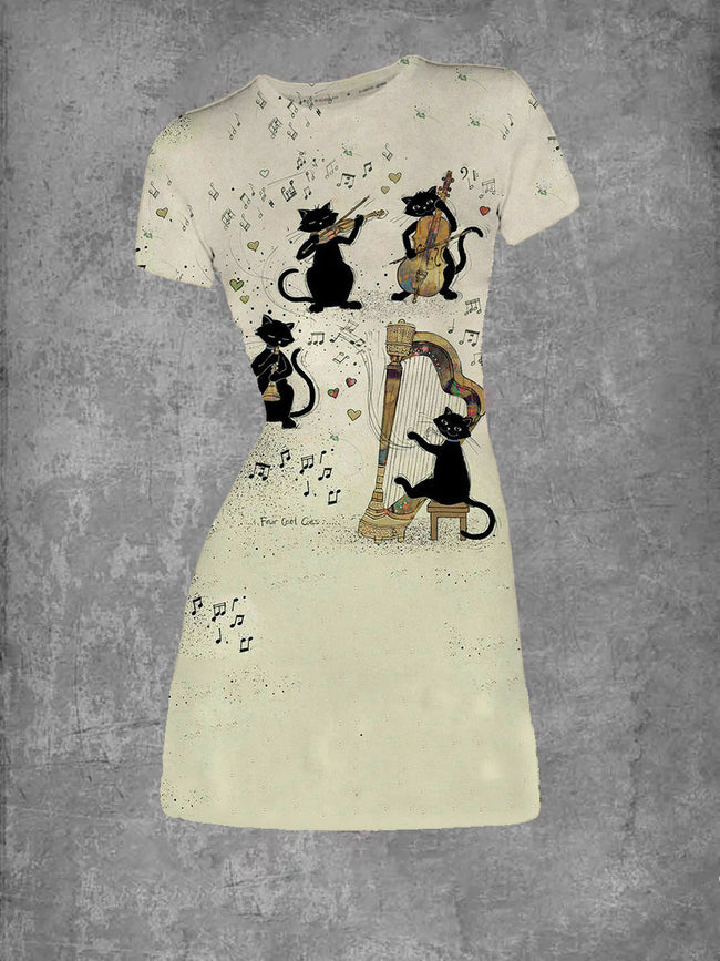 Women's Music Cat Print Crew Neck T-Shirt Dress