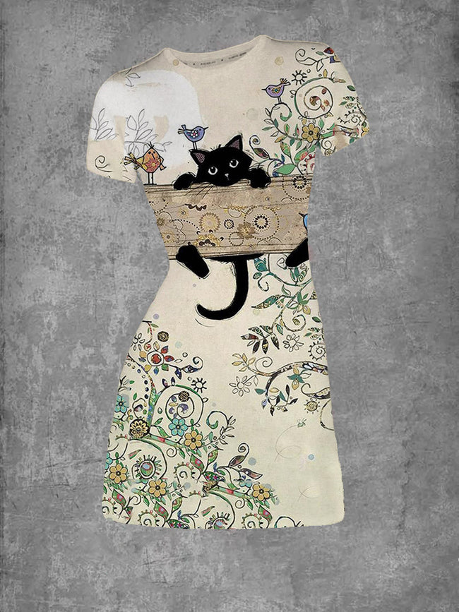 Women's Cat Print Crew Neck T-Shirt Dress