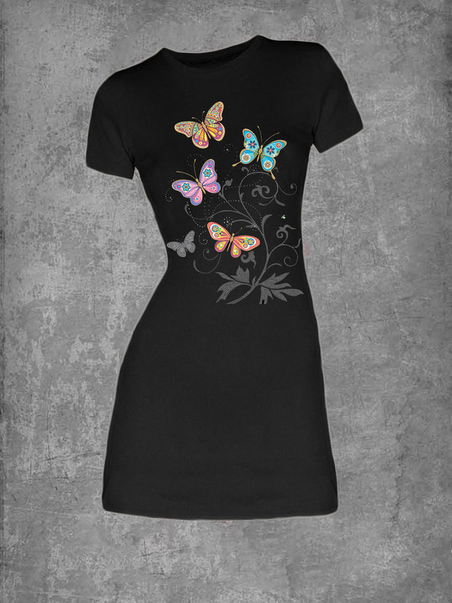 Women's Butterfly Bunch Print Crew Neck T-Shirt Dress