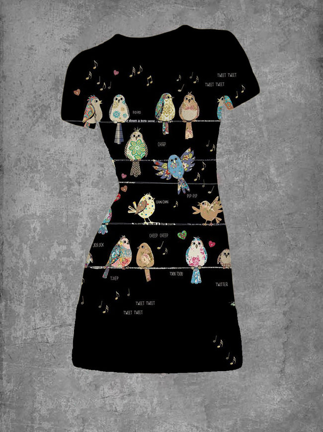 Women's Bird Print Crew Neck T-Shirt Dress
