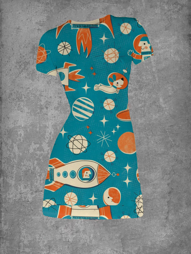 Women's Space Dog Printed Crew Neck T-Shirt Dress