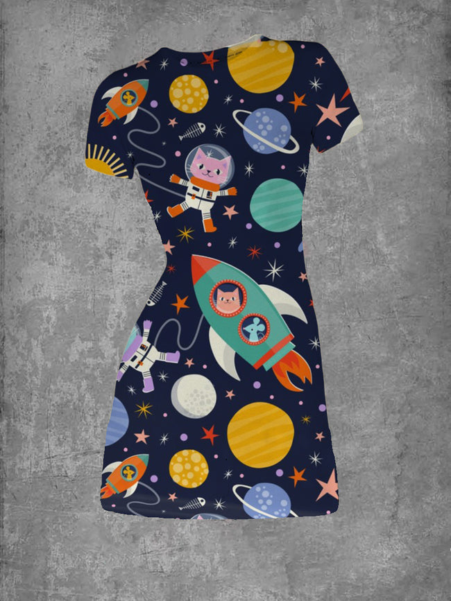 Women's Cat in Space Printed Crew Neck T-Shirt Dress